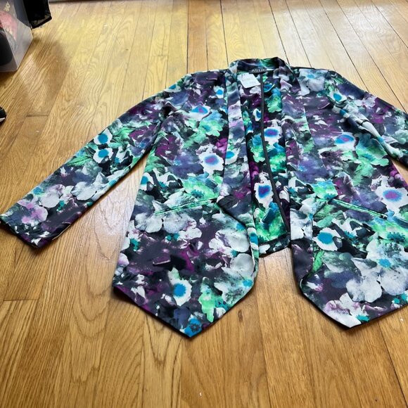 ASTR Size L NEW Black Multicolor Floral Open Front Long Sleeve Sheer Blazer - Picture 7 of 14